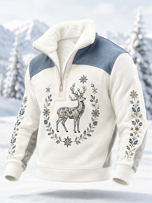 Herrpullover i plysch med nordisk renmotiv och dragkedja