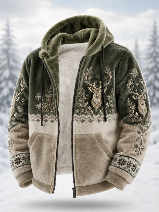 Herrkappa i nordisk stil med renmotiv, plysch, dragkedja och huva