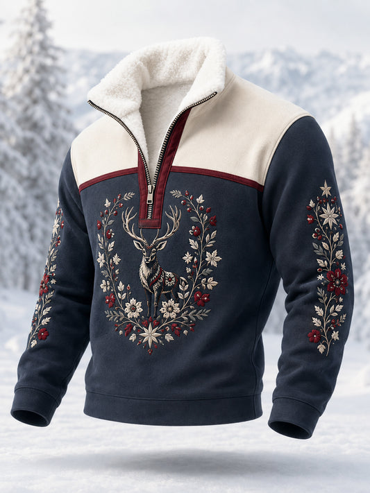 Herrpullover i plysch med nordisk renmotiv och dragkedja