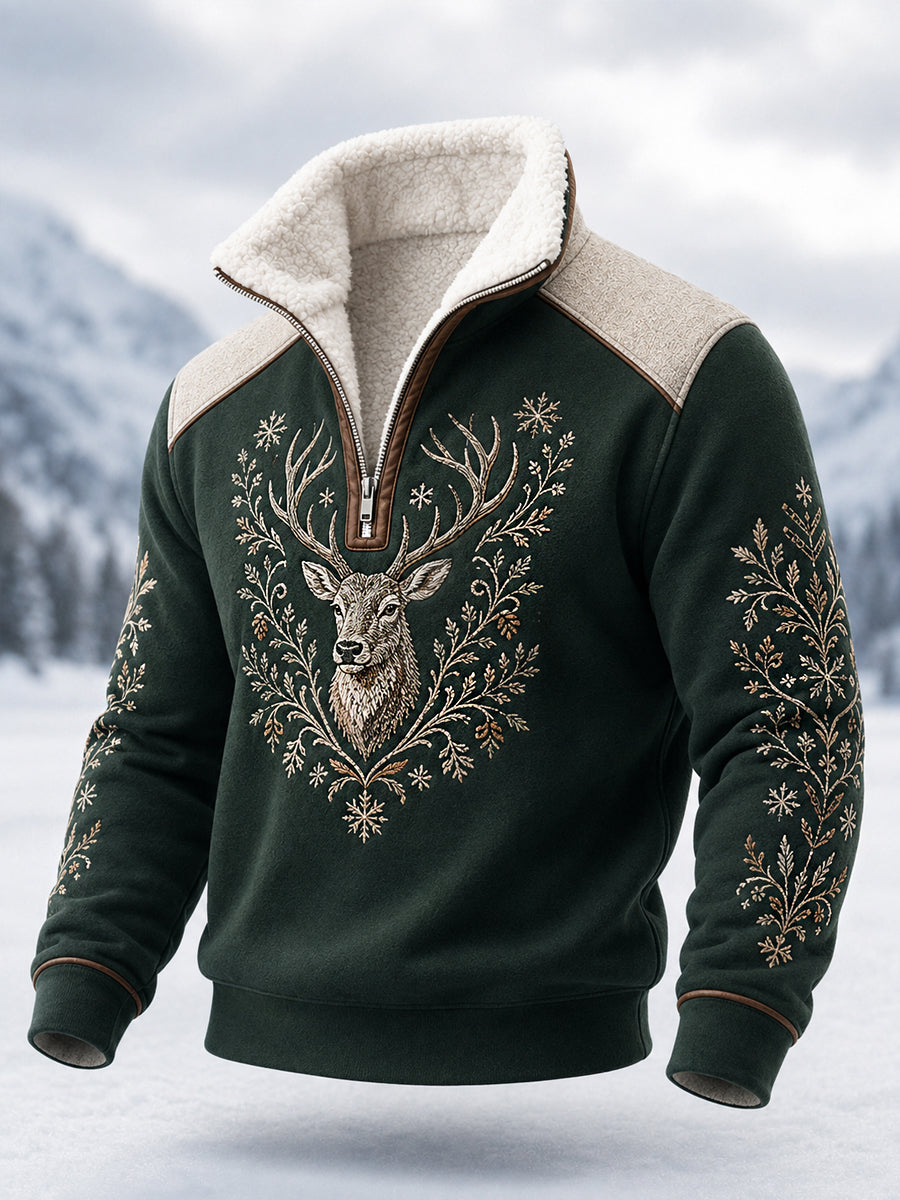 Herrpullover i nordisk stil med renar, plysch och dragkedja