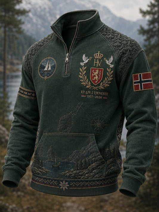 Herrtröja med halvdragkedja och ståkrage till minne av Norges kung Harald V