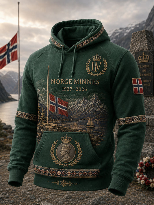 Herrtröja med avbildning av Norges kung Harald V, överdimensionerad huvtröja med fallande axlar och fickor