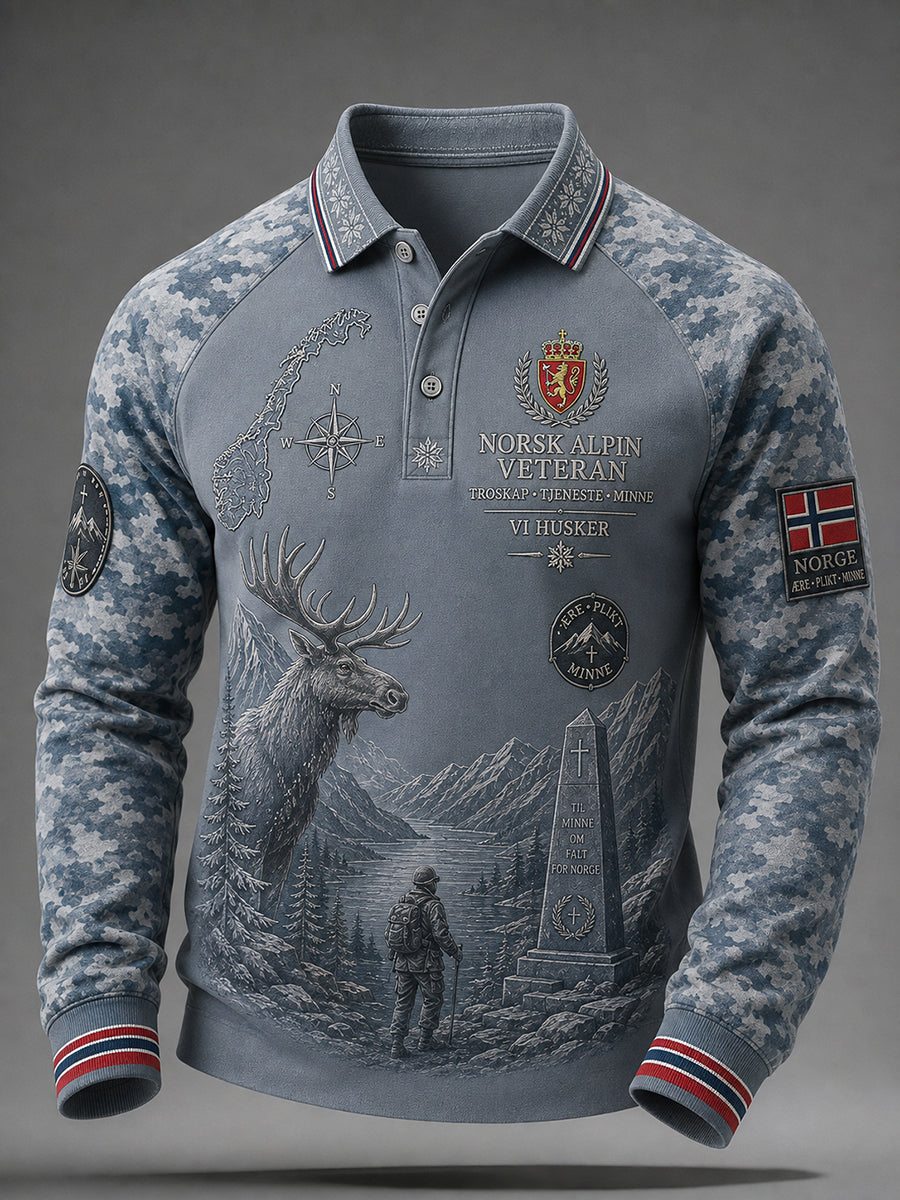Herrpolskjorta i vintagestil med kamouflagemönster och militärinspirerad grafik, raglanmuddar och lång ärm