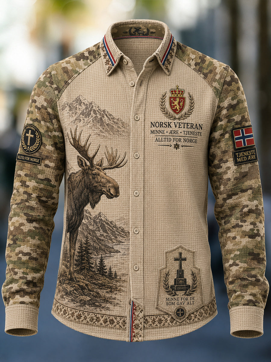 Mäns Vintage Kamouflage & militär-Inspirerad grafisk våffel-knit långärmskjort