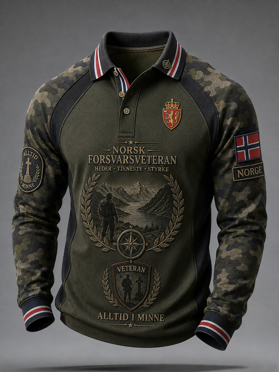 Mäns Vintage Kamouflage & militär-Inspirerade grafiska Raglan Långärm Polo tröj