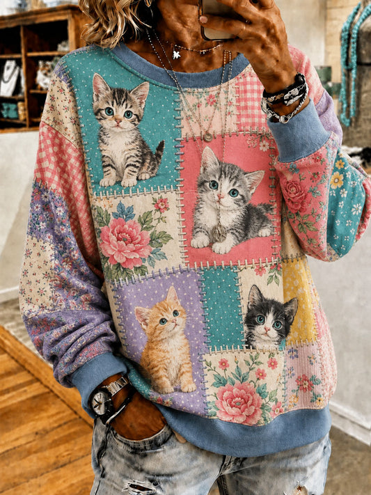 Kvinnors söta patchwork katt Print Casual Sweatshirt