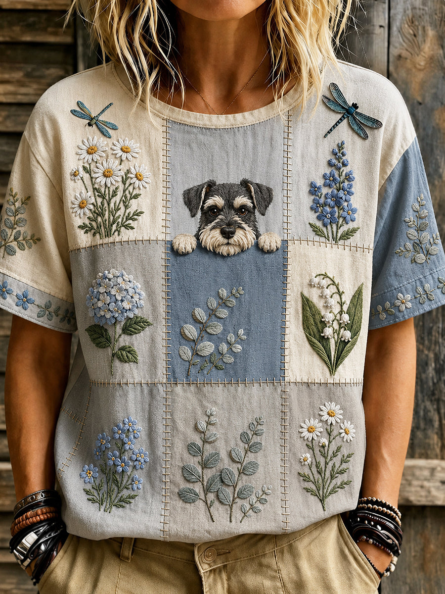 Dams öppet mönstrat vintage-mode t-shirt med djur- och blommamönster och korta ärmar