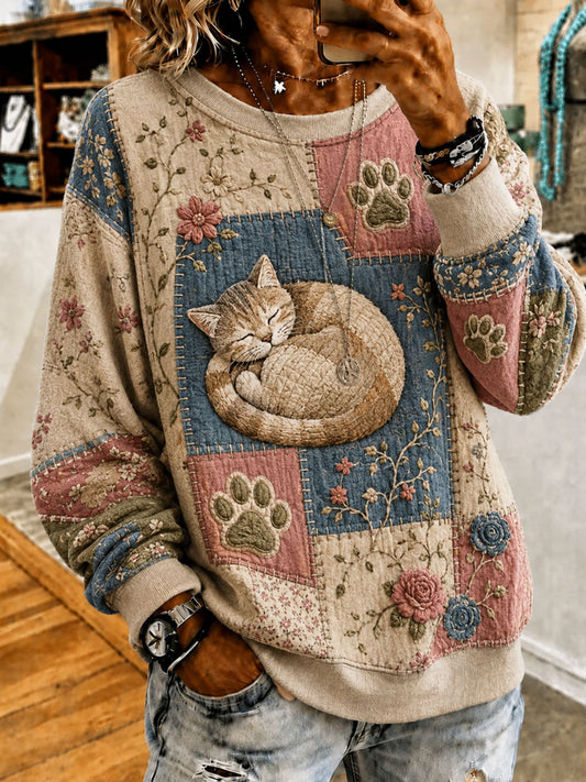 Kvinnlig söt fuskjacka med katttryck – vardaglig sweatshirt