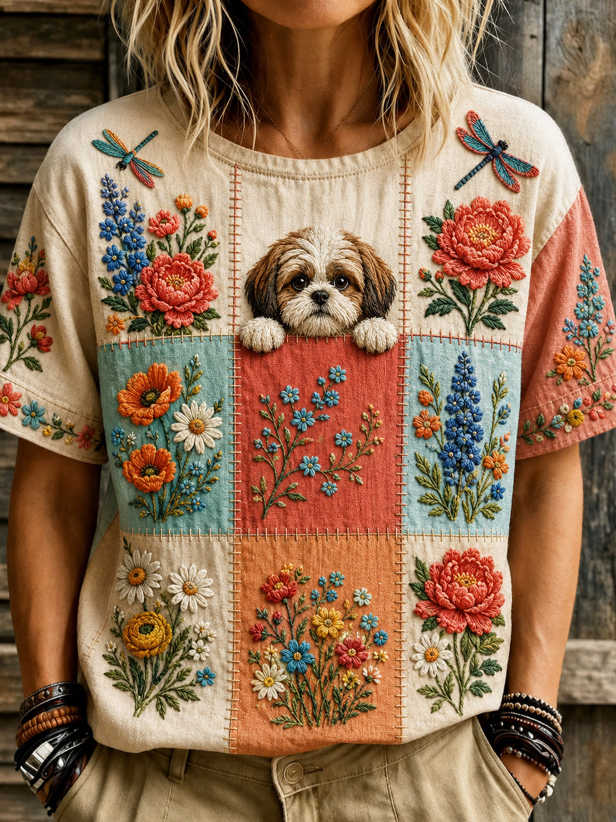 Dams öppet mönstrat vintage-mode t-shirt med djur- och blommamönster och korta ärmar