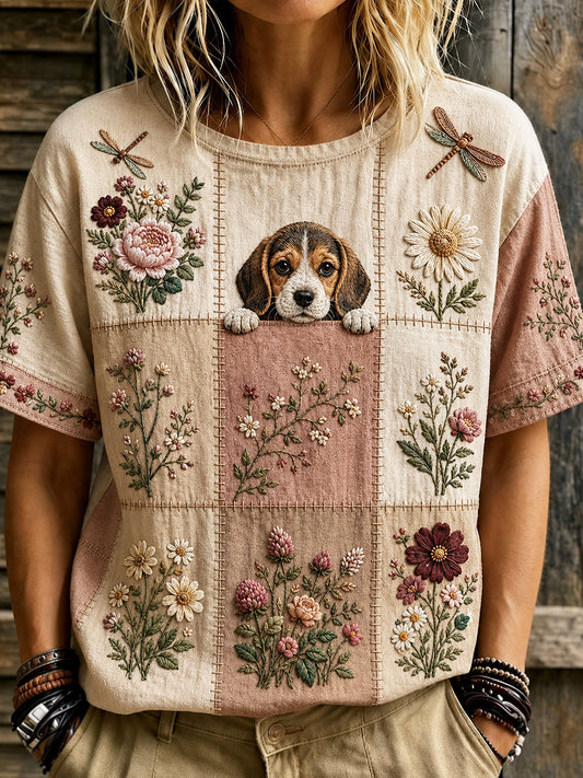 Kvinnors djur Floral Tryckt Vintage Fashion Loose kort ärm T-shirt