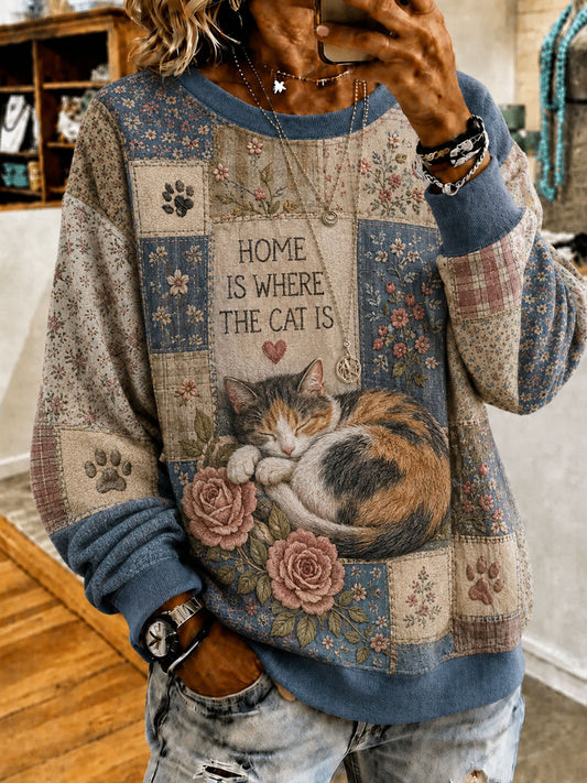 Kvinnlig söt fuskjacka med katttryck – vardaglig sweatshirt