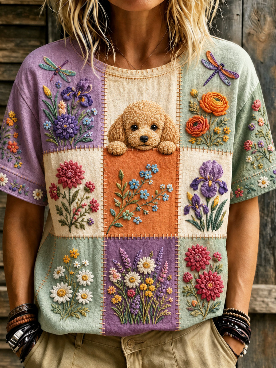 Dams öppet mönstrat vintage-mode t-shirt med djur- och blommamönster och korta ärmar