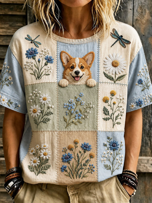 Dams öppet mönstrat vintage-mode t-shirt med djur- och blommamönster och korta ärmar
