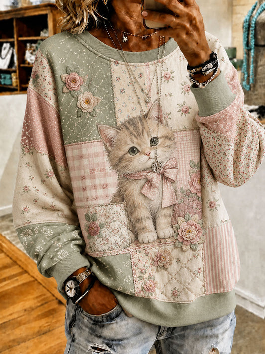 Kvinnors söta patchwork katt Print Casual Sweatshirt