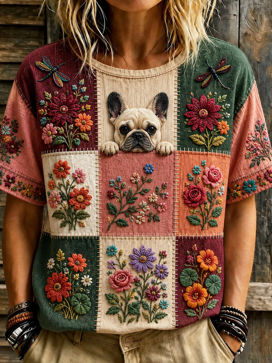 Dams öppet mönstrat vintage-mode t-shirt med djur- och blommamönster och korta ärmar