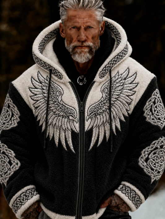 Herrlig viking- och keltiskt inspirerad plyschjacka med dragkedja och huva, mysig och varm