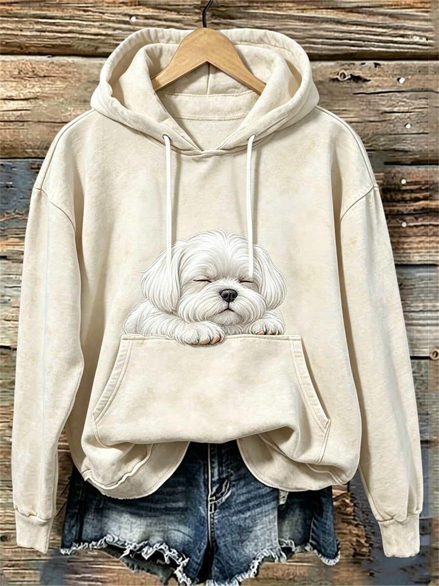 Kvinnors vackra sovande maltesiska hund Print Mysig Hoodie Print