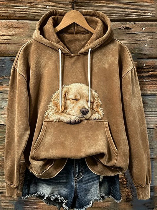 Kvinnors ljuvliga sovande gyllene retriever hund Skriv ut mysig huvat