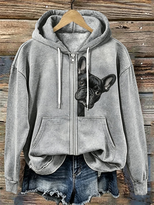 Kvinnors ljuvliga kikande franska Bulldog Skriv ut Mysigt full Zip Hoodie.