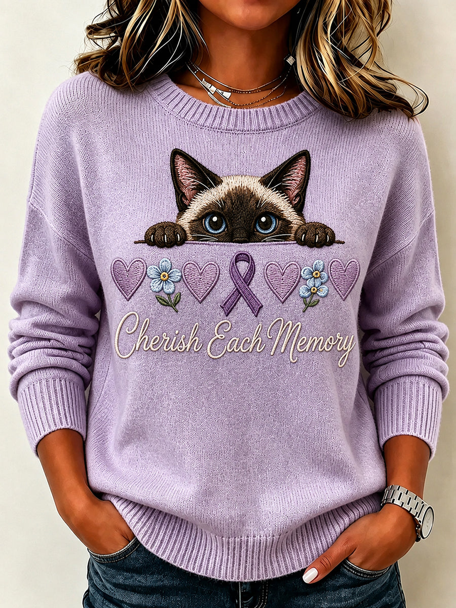 Kvinnors Vintage Purple Ribbon Peeking katt utskrift besättning hals tröjar