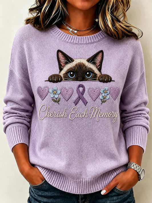 Kvinnors Vintage Purple Ribbon Peeking katt utskrift besättning hals tröjar