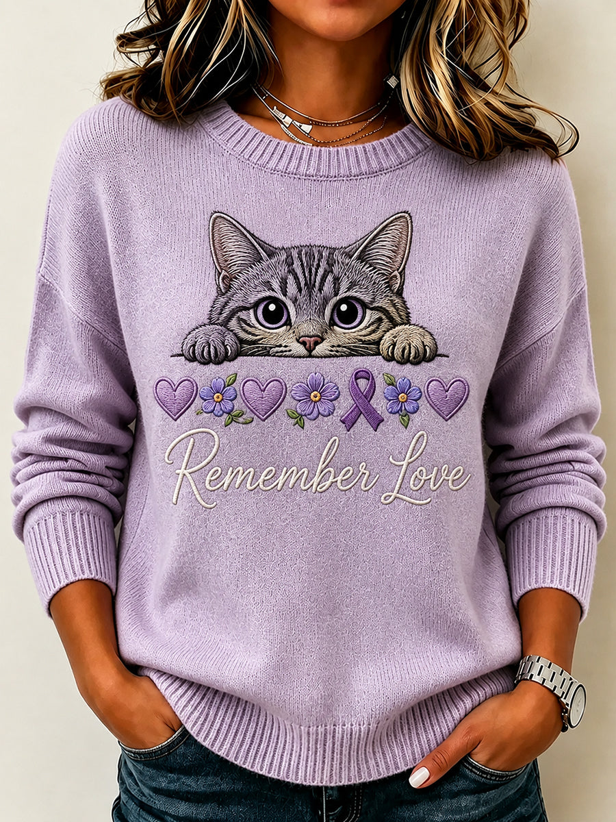 Kvinnors Vintage Purple Ribbon Peeking katt utskrift besättning hals tröjar
