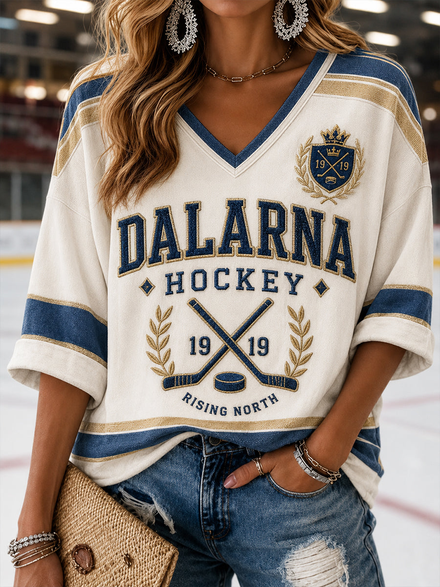 Kvinnors svenska ishockey Leksands IF fläktar älskare Broderimönster Lin V-näck skjjorta