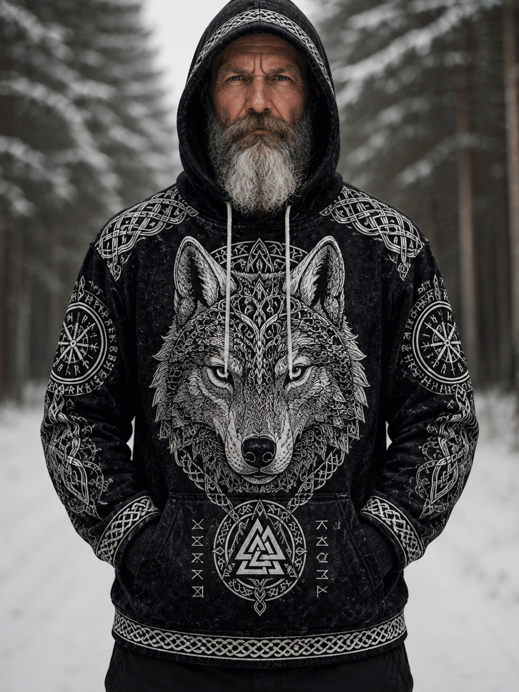Mäns retro Viking stil varg huvud mönster och keltisk knop design avslappnad huvtö