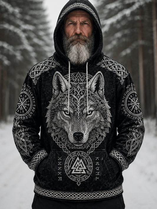 Mäns retro Viking stil varg huvud mönster och keltisk knop design avslappnad huvtö