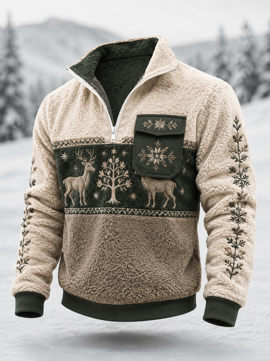 Herrpullover i nordisk stil med renar, plysch och dragkedja