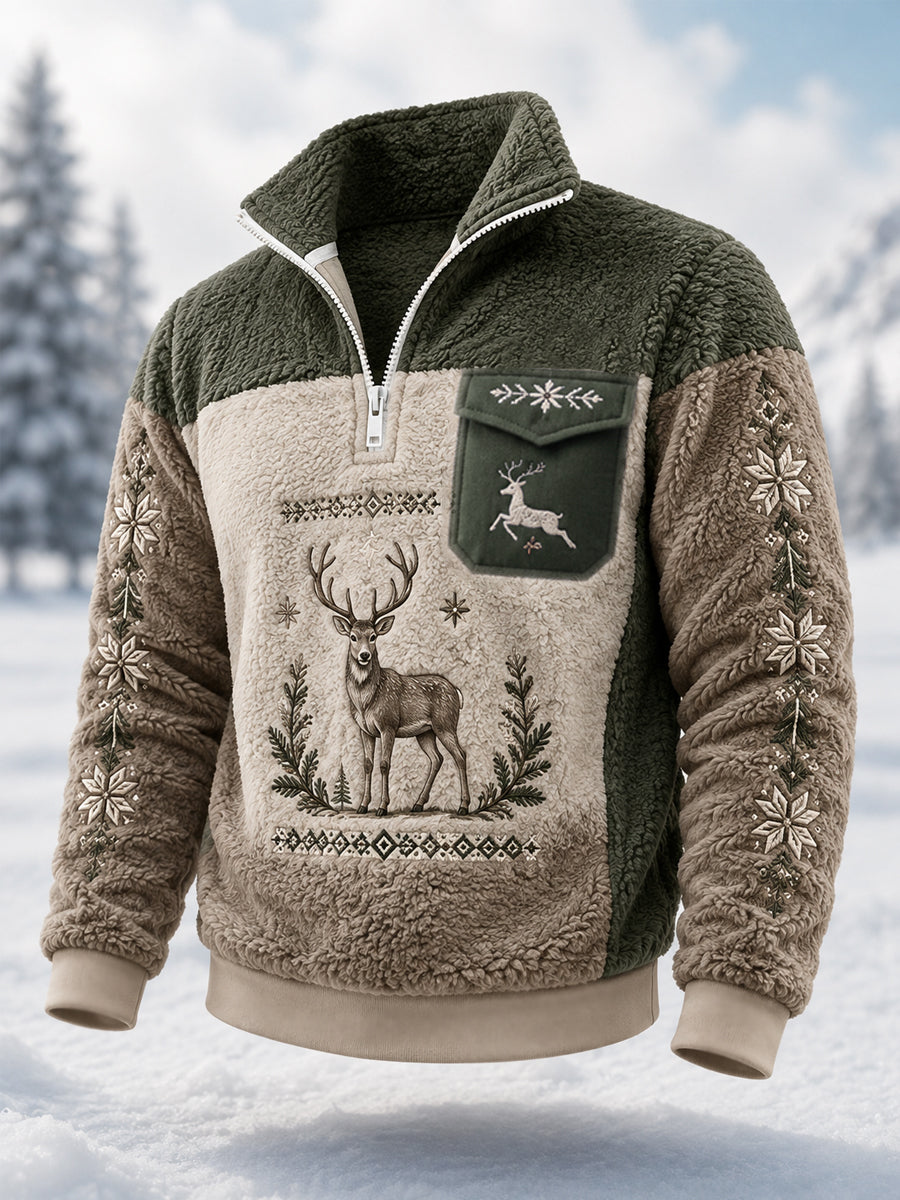 Herrpullover i nordisk stil med renar, plysch och dragkedja