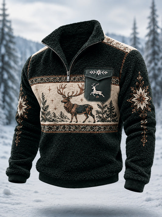 Herrpullover i nordisk stil med renar, plysch och dragkedja