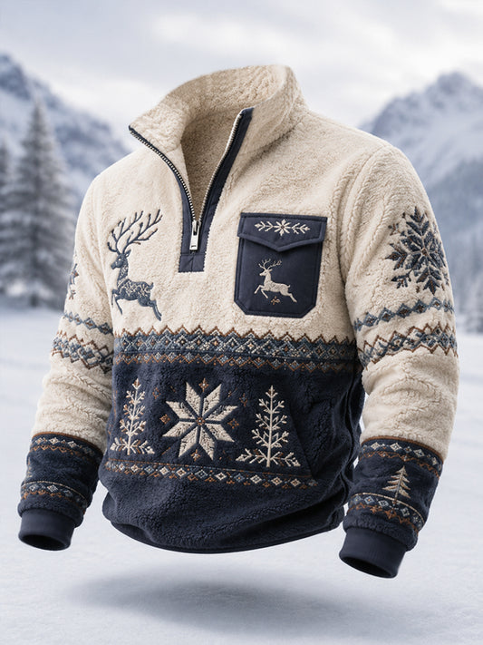 Herrpullover i nordisk stil med renar, plysch och dragkedja