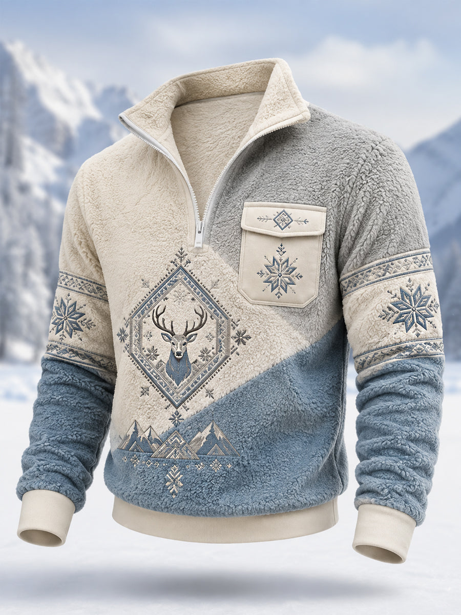 Herrpullover i nordisk stil med renar, plysch och dragkedja