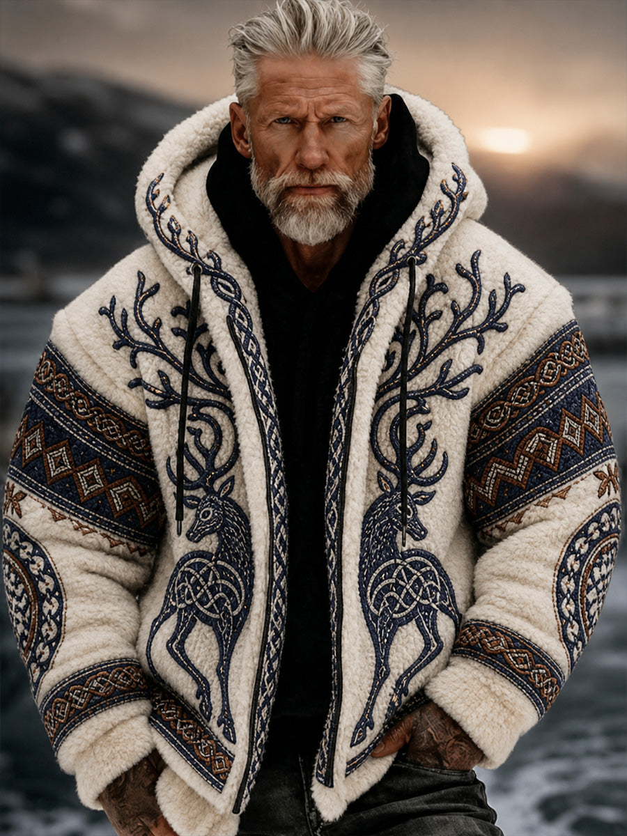 Retro Nordic-Style Animal Art Print Casual Comfortable Hooded Jacka