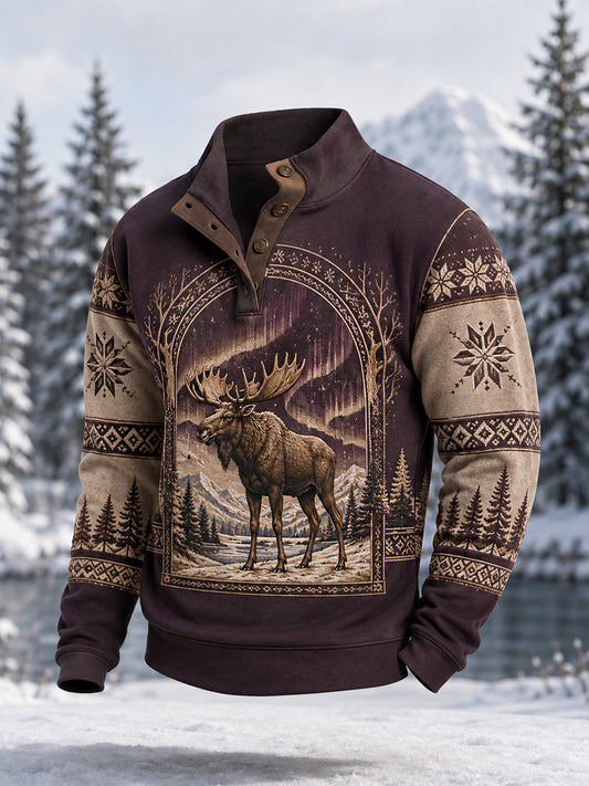 Herrpullover för vintern med älgmönster, vardaglig modell med knappar
