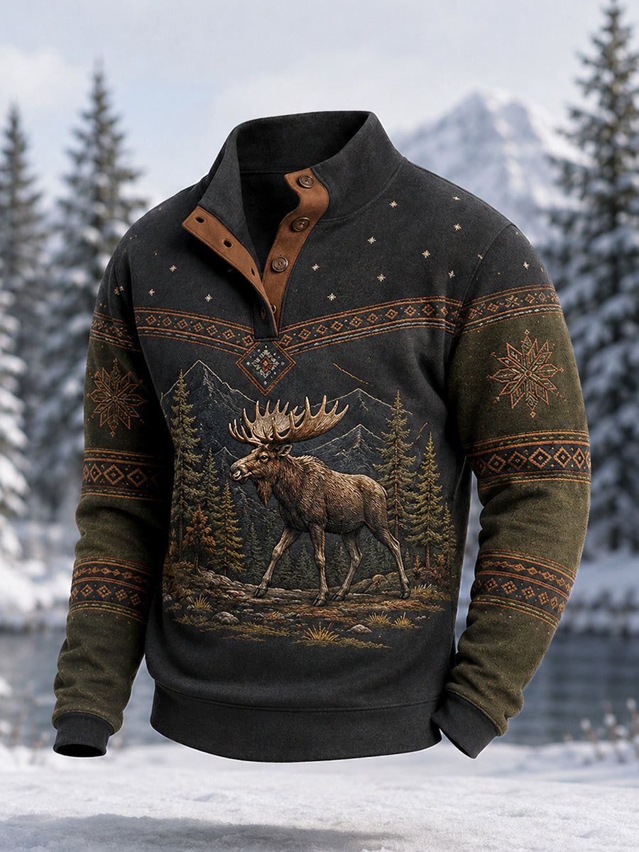 Mäns vinter Moose Print Casual knappar Pullover