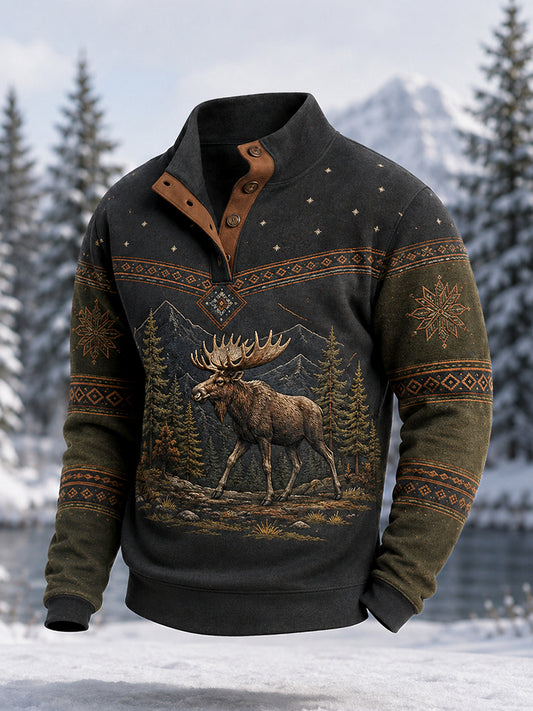 Mäns vinter Moose Print Casual knappar Pullover
