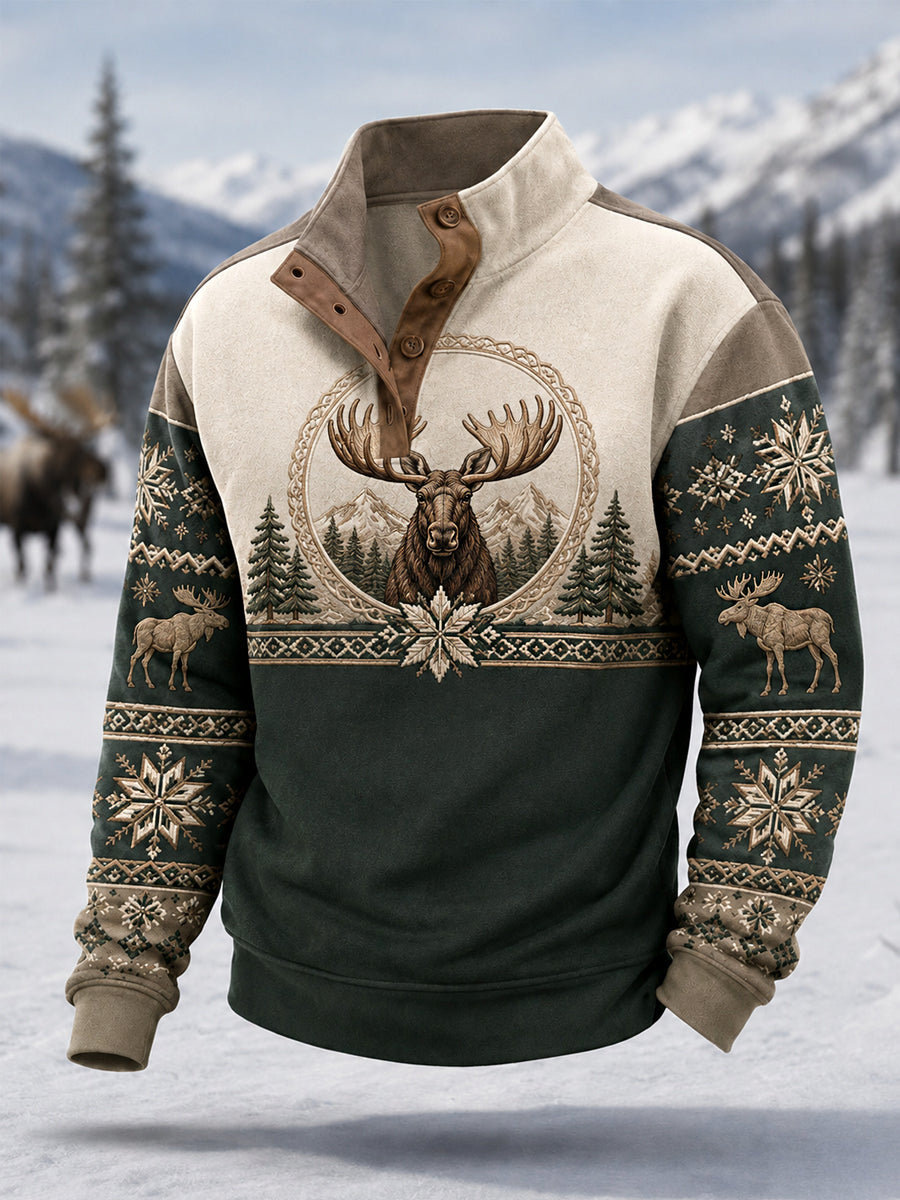 Herrpullover för vintern med älgmönster, vardaglig modell med knappar