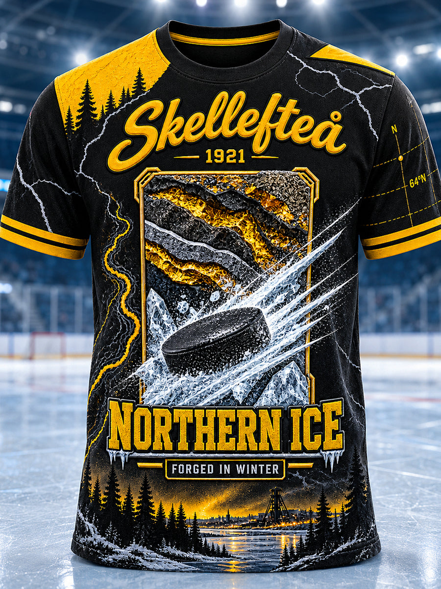 Herrskjorta med tryckt vintagemode från Skellefteå, löst sittande kortärmad t-shirt