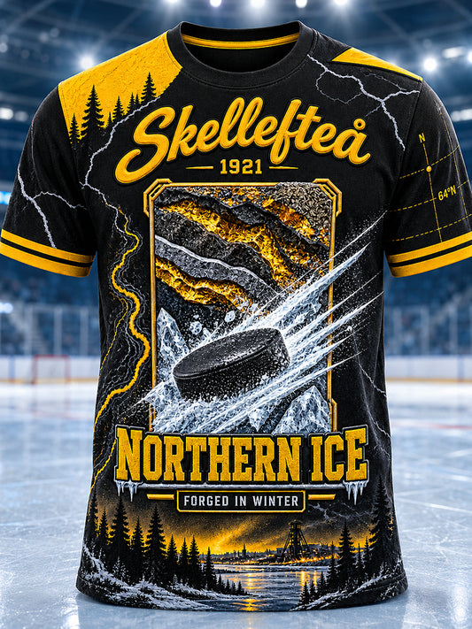 Herrskjorta med tryckt vintagemode från Skellefteå, löst sittande kortärmad t-shirt