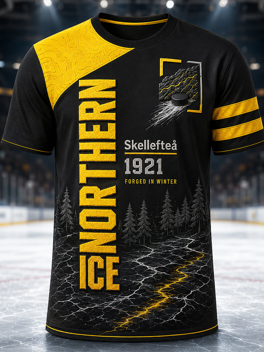 Herrskjorta med tryckt vintagemode från Skellefteå, löst sittande kortärmad t-shirt