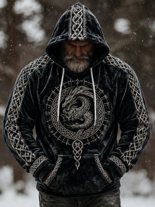 Mäns retro Viking mönster design avslappnad flanell hoodie.