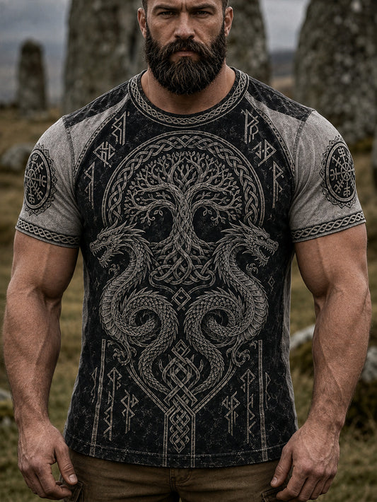 Herrens retro Viking mönster design avslappnad korta ärmar t-shirt