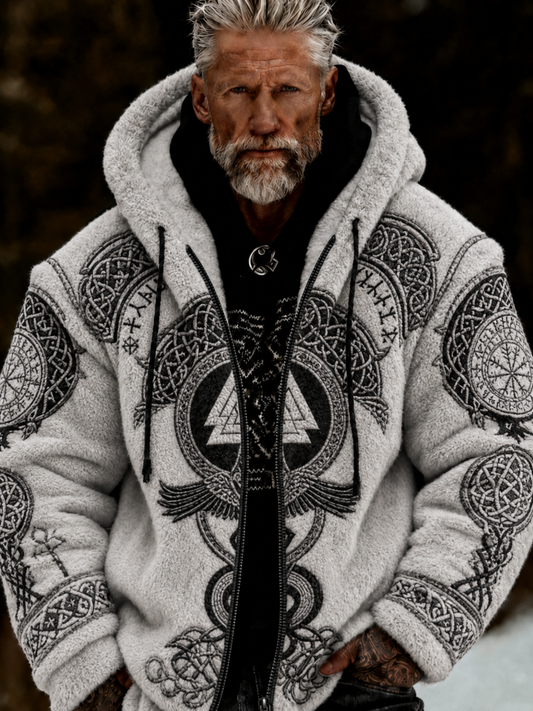 Herrlig viking- och keltiskt inspirerad plyschjacka med dragkedja och huva, mysig och varm