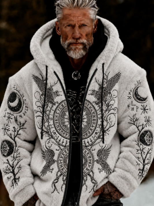 Herrlig viking- och keltiskt inspirerad plyschjacka med dragkedja och huva, mysig och varm