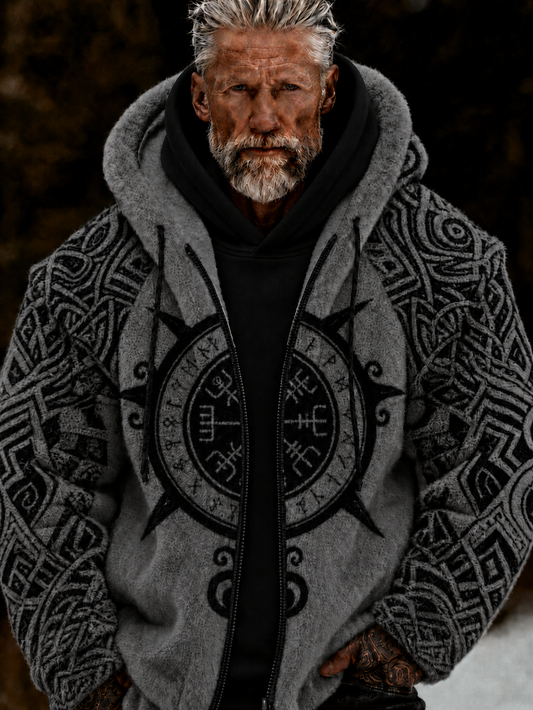 Herrlig viking- och keltiskt inspirerad plyschjacka med dragkedja och huva, mysig och varm