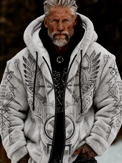 Herrlig viking- och keltiskt inspirerad plyschjacka med dragkedja och huva, mysig och varm