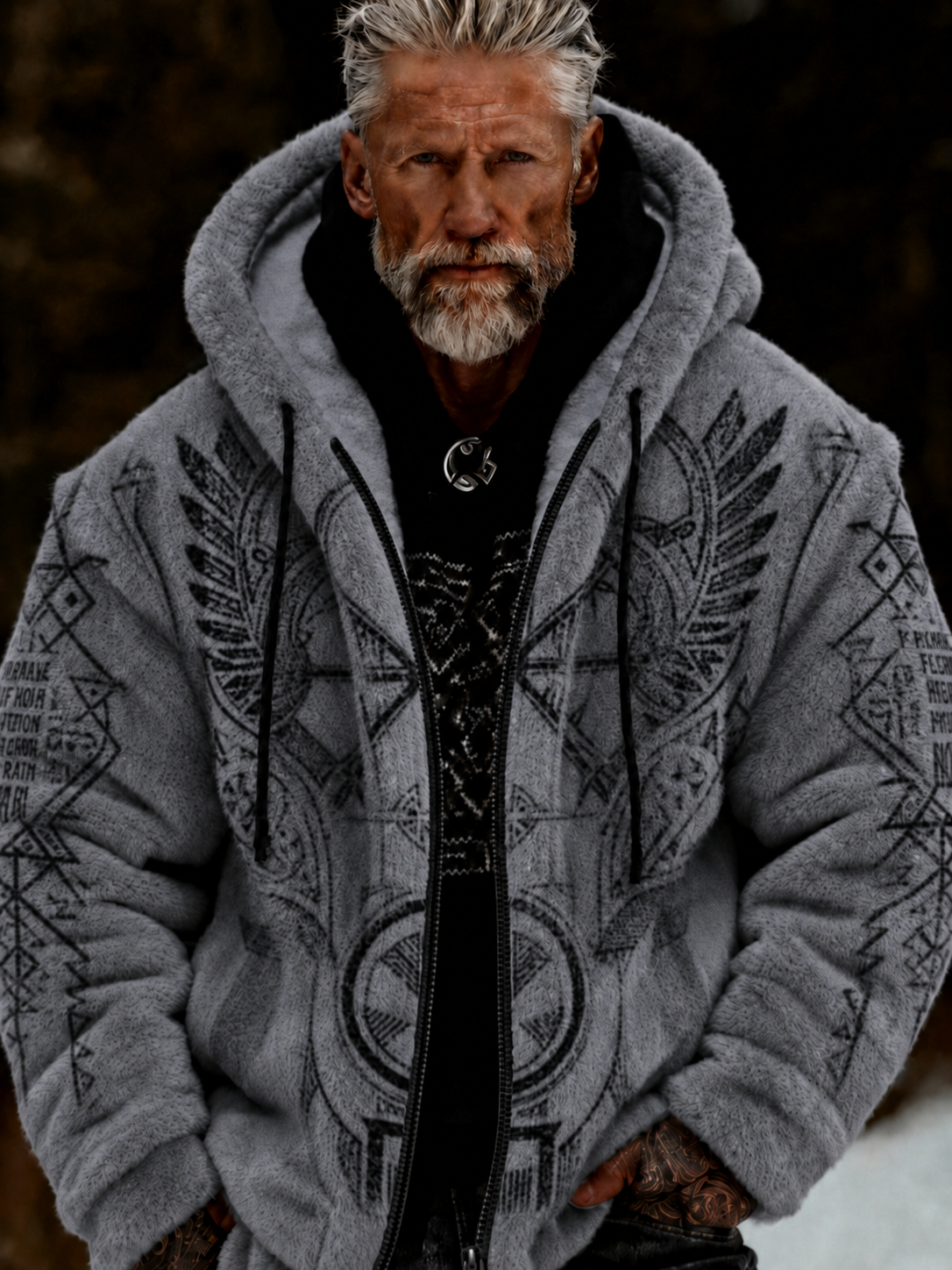 Herrlig viking- och keltiskt inspirerad plyschjacka med dragkedja och huva, mysig och varm