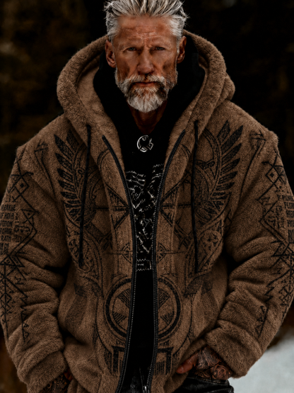 Herrlig viking- och keltiskt inspirerad plyschjacka med dragkedja och huva, mysig och varm